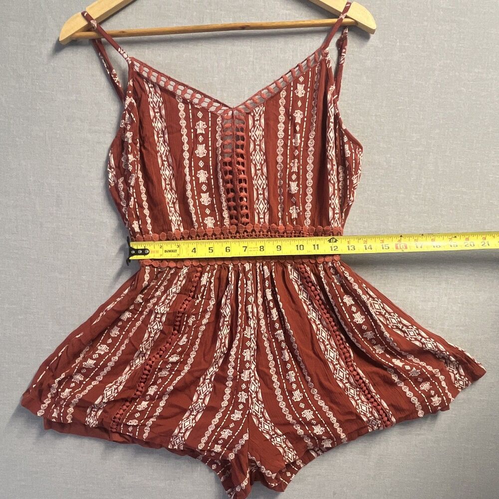 Angie Red Geometric Rayon Romper Crochet Waist V-Neck Tie, Size S - Picture 7 of 9